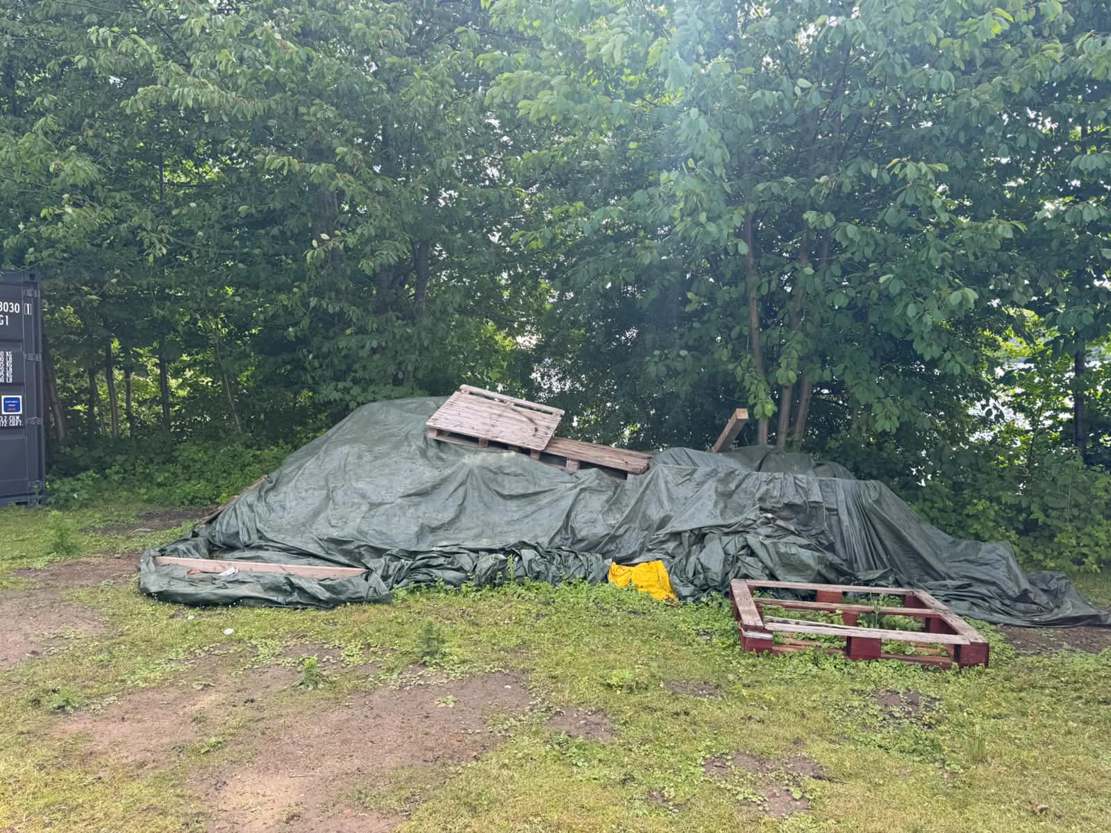 Gartenräumung vorher – Sperrmüll, Holzpaletten und Plane auf Grünfläche am Containerstandort